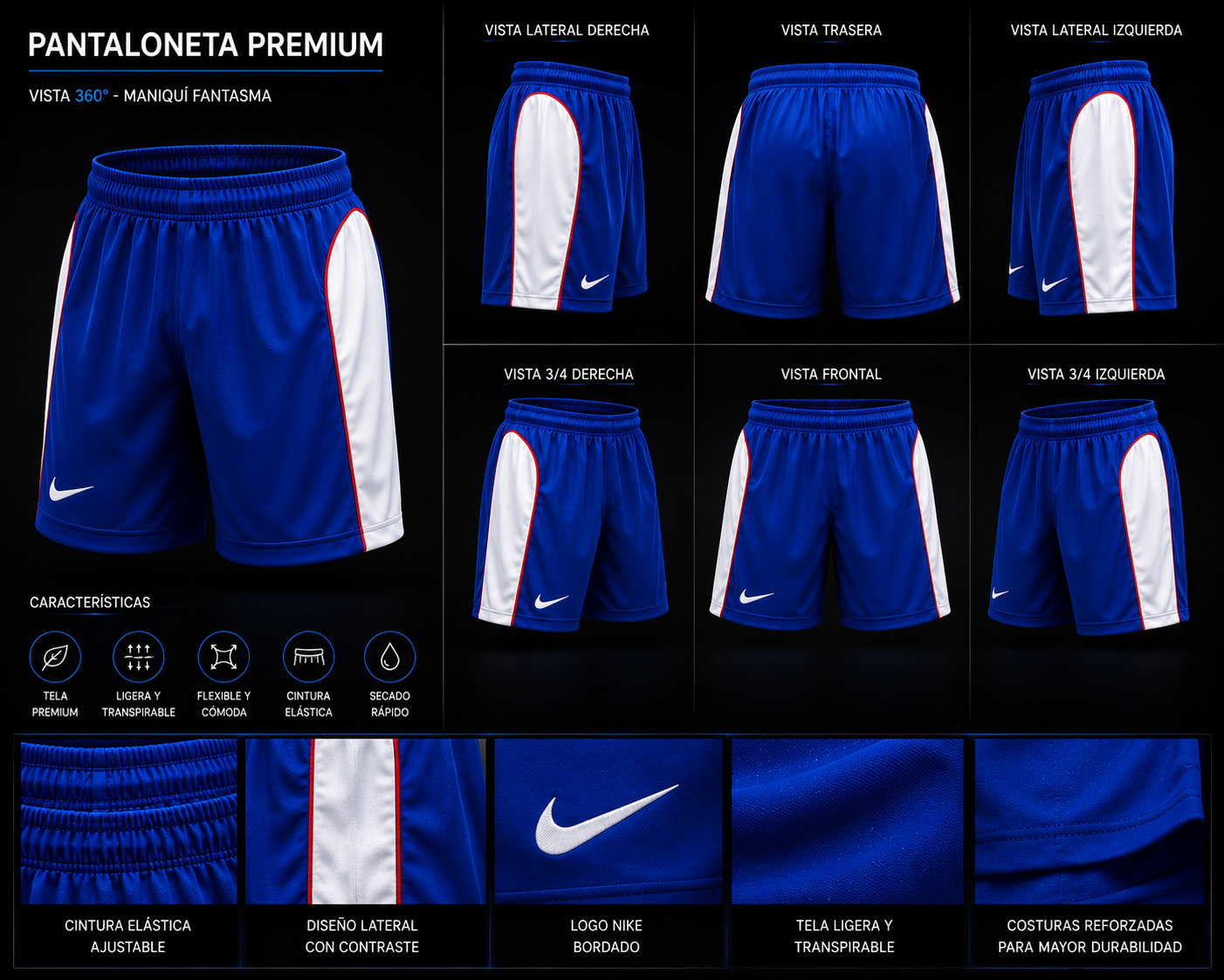 Pantaloneta deportiva premium · vista 360°